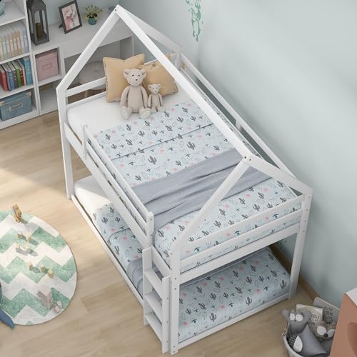 Lostcat Twin Over Twin Low Bunk Bed,House-Shaped Solid Pine Wood Bed Frame w/Safety Guardrail & Ladder,No Box Spring Needed,Suitable for Girls,Boys,Kids (White) - Lostcat