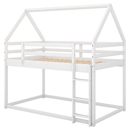 Lostcat Twin Over Twin Low Bunk Bed,House-Shaped Solid Pine Wood Bed Frame w/Safety Guardrail & Ladder,No Box Spring Needed,Suitable for Girls,Boys,Kids (White) - Lostcat