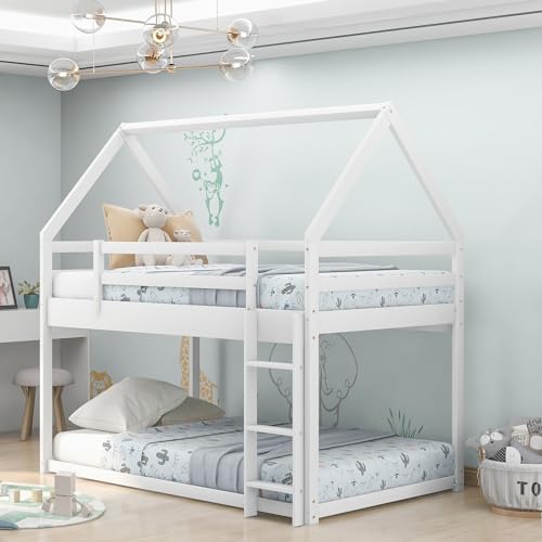 Lostcat Twin Over Twin Low Bunk Bed,House-Shaped Solid Pine Wood Bed Frame w/Safety Guardrail & Ladder,No Box Spring Needed,Suitable for Girls,Boys,Kids (White) - Lostcat