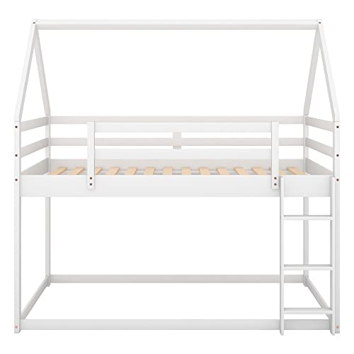 Lostcat Twin Over Twin Low Bunk Bed,House-Shaped Solid Pine Wood Bed Frame w/Safety Guardrail & Ladder,No Box Spring Needed,Suitable for Girls,Boys,Kids (White) - Lostcat