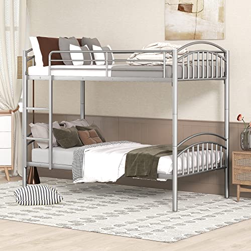 Lostcat Twin Over Twin Metal Bunk Bed Frame, Heavy Duty Beds, Can be Divided into Two for Boys Girls Teens Dormitory Bedroom, Space Saving Design, No Box Spring Needed, Easy to Assemble, Silver - Lostcat