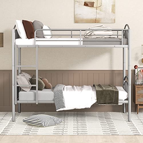 Lostcat Twin Over Twin Metal Bunk Bed Frame, Heavy Duty Beds, Can be Divided into Two for Boys Girls Teens Dormitory Bedroom, Space Saving Design, No Box Spring Needed, Easy to Assemble, Silver - Lostcat