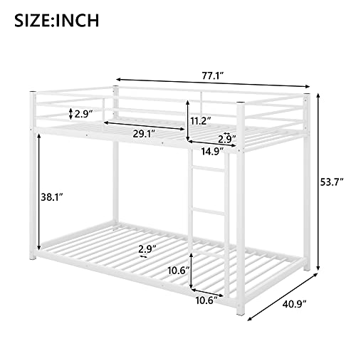 Lostcat Twin Over Twin Metal Bunk Bed, Low Bunk Bed Whit Safety Guardrail and Ladder,No Box Spring Needed,Suitable for Girls Boys Toddlers,White - Lostcat