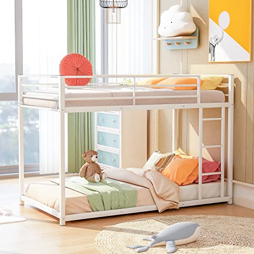 Lostcat Twin Over Twin Metal Bunk Bed, Low Bunk Bed Whit Safety Guardrail and Ladder,No Box Spring Needed,Suitable for Girls Boys Toddlers,White - Lostcat