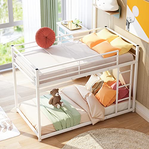 Lostcat Twin Over Twin Metal Bunk Bed, Low Bunk Bed Whit Safety Guardrail and Ladder,No Box Spring Needed,Suitable for Girls Boys Toddlers,White - Lostcat