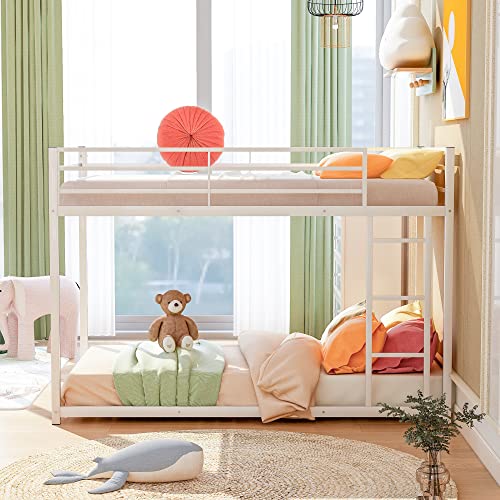 Lostcat Twin Over Twin Metal Bunk Bed, Low Bunk Bed Whit Safety Guardrail and Ladder,No Box Spring Needed,Suitable for Girls Boys Toddlers,White - Lostcat