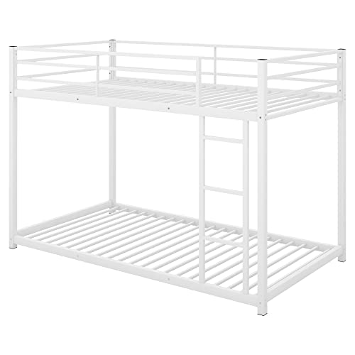 Lostcat Twin Over Twin Metal Bunk Bed, Low Bunk Bed Whit Safety Guardrail and Ladder,No Box Spring Needed,Suitable for Girls Boys Toddlers,White - Lostcat