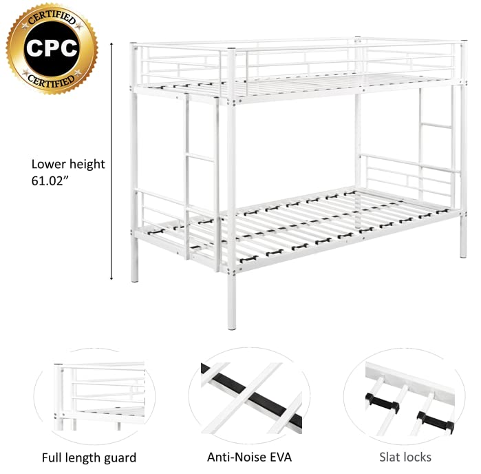 Lostcat Twin Over Twin Metal Bunk Bed,Heavy Duty Bunk Beds Frame with Safety Guardrails and ladders for Dormitory, Bedroom,Guest Room,No Box Spring Needed, White - Lostcat