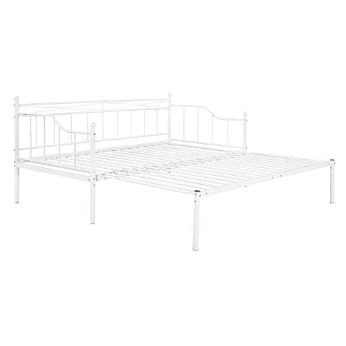 Lostcat Twin Size Daybed Bed with Pop Up Trundle, Metal Bedframe with Safety Guardrails & Heavy Duty Steel Slat Support for Kids Teens Adults, Space Saving, No Box Spring Needed, White - Lostcat