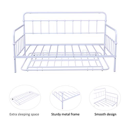 Lostcat Twin Size Daybed Bed with Trundle, Metal Bedframe with Safety Guardrails & Heavy Duty Steel Slat Support, Daybed with Trundlefor Kids Teens Adults, Space Saving, No Box Spring Needed, White - Lostcat