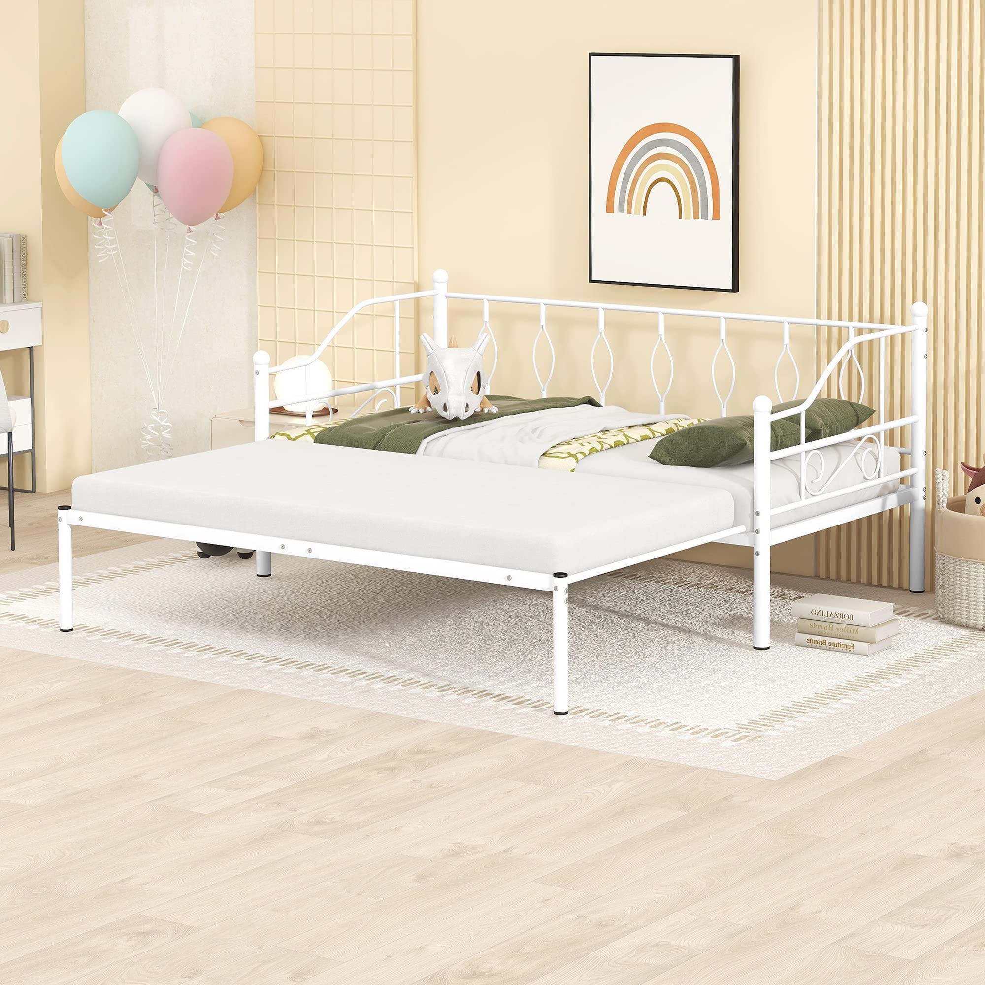 Lostcat Twin Size Daybed Bed with Trundle, Metal Bedframe with Safety Guardrails & Heavy Duty Steel Slat Support for Kids Teens Adults, Space Saving, No Box Spring Needed, White - Lostcat