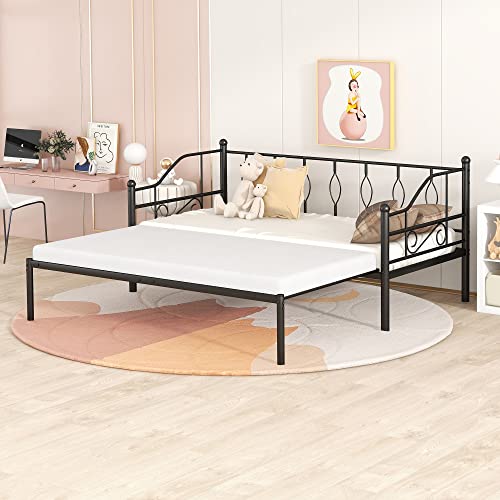 Lostcat Twin Size Daybed Bed with Trundle,Metal Bedframe with Safety Guardrails & Heavy Duty Steel Slat Support,for Kids Teens Adults. No Box Spring Needed,Black - Lostcat