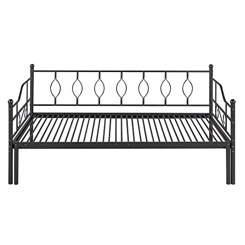 Lostcat Twin Size Daybed Bed with Trundle,Metal Bedframe with Safety Guardrails & Heavy Duty Steel Slat Support,for Kids Teens Adults. No Box Spring Needed,Black - Lostcat