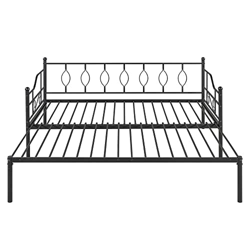Lostcat Twin Size Daybed Bed with Trundle,Metal Bedframe with Safety Guardrails & Heavy Duty Steel Slat Support,for Kids Teens Adults. No Box Spring Needed,Black - Lostcat