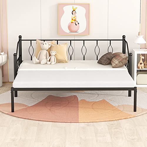 Lostcat Twin Size Daybed Bed with Trundle,Metal Bedframe with Safety Guardrails & Heavy Duty Steel Slat Support,for Kids Teens Adults. No Box Spring Needed,Black - Lostcat