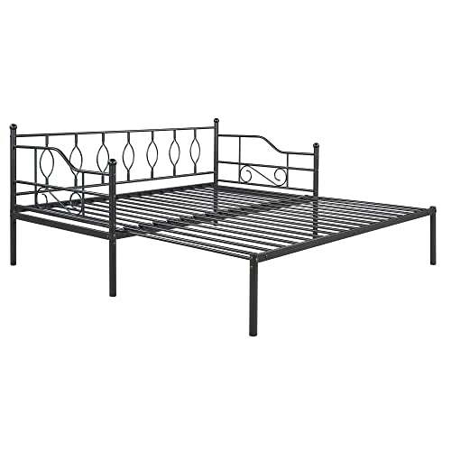 Lostcat Twin Size Daybed Bed with Trundle,Metal Bedframe with Safety Guardrails & Heavy Duty Steel Slat Support,for Kids Teens Adults. No Box Spring Needed,Black - Lostcat