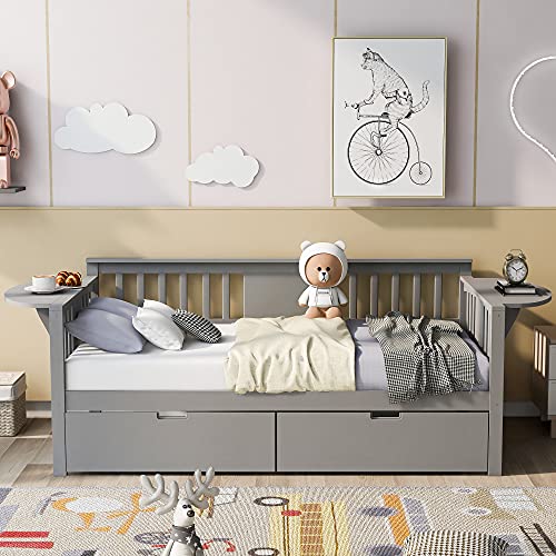 Lostcat Twin Size Daybed with 2 Storage Drawers, Solid Wood Day Bed with 2 Folding Tables, Multifunctional Sofa Bed for Bedroom,Living Room,Guest Room,Wood Slat Support,Grey - Lostcat