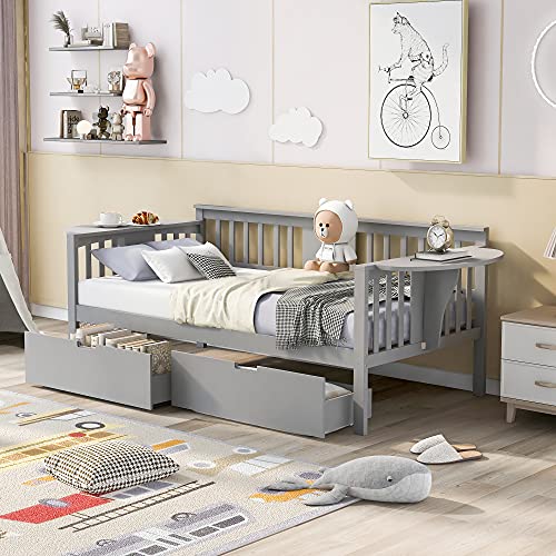 Lostcat Twin Size Daybed with 2 Storage Drawers, Solid Wood Day Bed with 2 Folding Tables, Multifunctional Sofa Bed for Bedroom,Living Room,Guest Room,Wood Slat Support,Grey - Lostcat