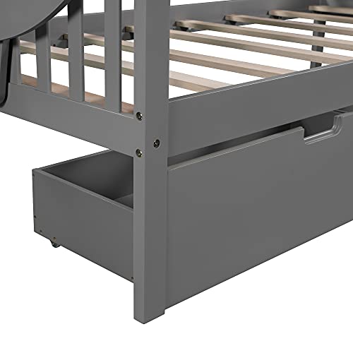 Lostcat Twin Size Daybed with 2 Storage Drawers, Solid Wood Day Bed with 2 Folding Tables, Multifunctional Sofa Bed for Bedroom,Living Room,Guest Room,Wood Slat Support,Grey - Lostcat