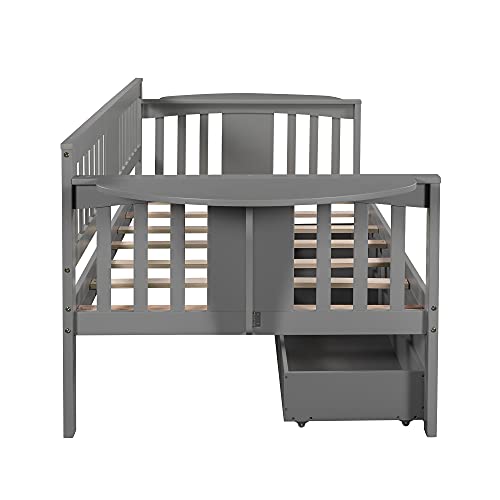 Lostcat Twin Size Daybed with 2 Storage Drawers, Solid Wood Day Bed with 2 Folding Tables, Multifunctional Sofa Bed for Bedroom,Living Room,Guest Room,Wood Slat Support,Grey - Lostcat