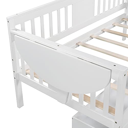 Lostcat Twin Size Daybed with 2 Storage Drawers, Solid Wood Day Bed with 2 Folding Tables, Multifunctional Sofa Bed for Bedroom,Living Room,Guest Room,Wood Slat Support,White - Lostcat
