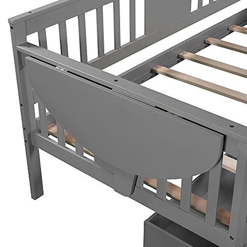 Lostcat Twin Size Daybed with 2 Storage Drawers, Solid Wood Day Bed with 2 Folding Tables, Multifunctional Sofa Bed for Bedroom,Living Room,Guest Room,Wood Slat Support,Grey - Lostcat