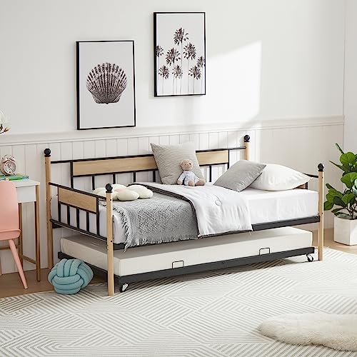 Lostcat Twin Size Daybed with Trundle Bed, Multifunctional Daybed with Pullout Trundle for Window Living Room, Sofa Bed Metal Framed for Kids Teens Adults, No Box Spring Needed, Black - Lostcat