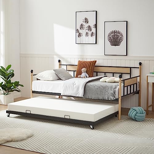 Lostcat Twin Size Daybed with Trundle Bed, Multifunctional Daybed with Pullout Trundle for Window Living Room, Sofa Bed Metal Framed for Kids Teens Adults, No Box Spring Needed, Black - Lostcat