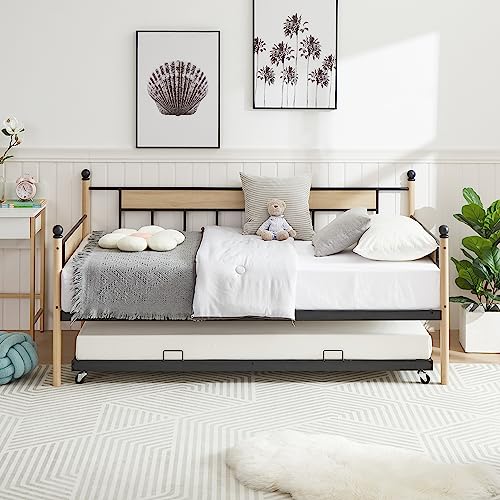 Lostcat Twin Size Daybed with Trundle Bed, Multifunctional Daybed with Pullout Trundle for Window Living Room, Sofa Bed Metal Framed for Kids Teens Adults, No Box Spring Needed, Black - Lostcat