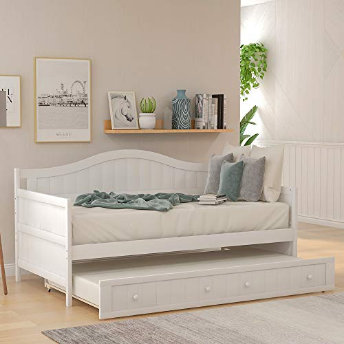 Lostcat Twin Size Daybed with Trundle, Solid Wooden Bed Frame, Wood Slat Support, No Box Spring Needed, Easy to Assemble, for Bedroom Living Room, White - Lostcat