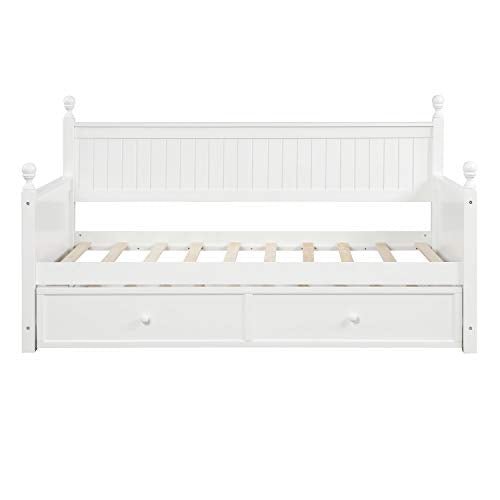 Lostcat Twin Size Daybed with Trundle, Solid Wooden Bed Frame, Wood Slat Support, No Box Spring Needed, Easy to Assemble, for Kids/Teen/Adults, White - Lostcat