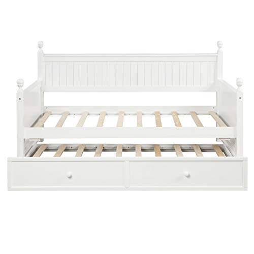 Lostcat Twin Size Daybed with Trundle, Solid Wooden Bed Frame, Wood Slat Support, No Box Spring Needed, Easy to Assemble, for Kids/Teen/Adults, White - Lostcat