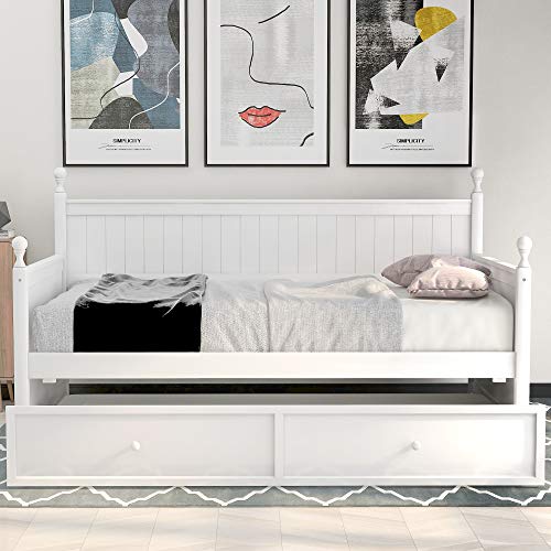 Lostcat Twin Size Daybed with Trundle, Solid Wooden Bed Frame, Wood Slat Support, No Box Spring Needed, Easy to Assemble, for Kids/Teen/Adults, White - Lostcat