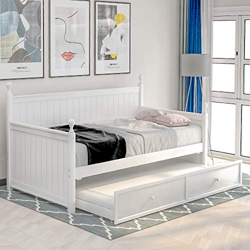 Lostcat Twin Size Daybed with Trundle, Solid Wooden Bed Frame, Wood Slat Support, No Box Spring Needed, Easy to Assemble, for Kids/Teen/Adults, White - Lostcat