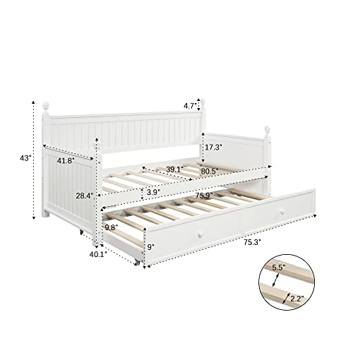 Lostcat Twin Size Daybed with Trundle, Solid Wooden Bed Frame, Wood Slat Support, No Box Spring Needed, Easy to Assemble, for Kids/Teen/Adults, White - Lostcat