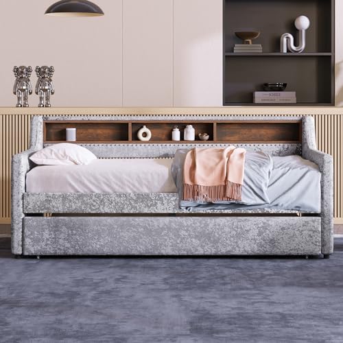 Lostcat Twin Size Daybed with Trundle, Upholstered Day Bed with Built-in Storage Shelves,Snowflake Velvet Sofa Bed for Bedroom,Living Room, No Spring Box Needed, Gray - Lostcat