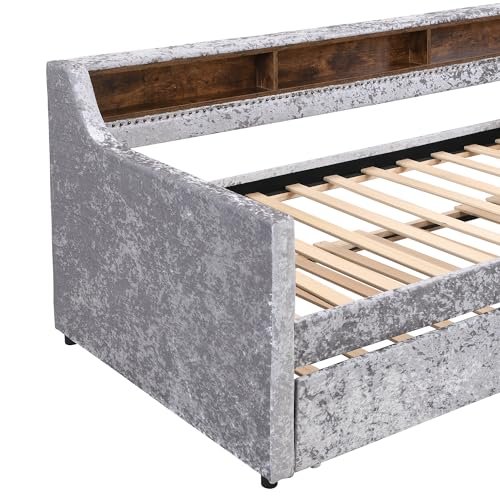 Lostcat Twin Size Daybed with Trundle, Upholstered Day Bed with Built-in Storage Shelves,Snowflake Velvet Sofa Bed for Bedroom,Living Room, No Spring Box Needed, Gray - Lostcat