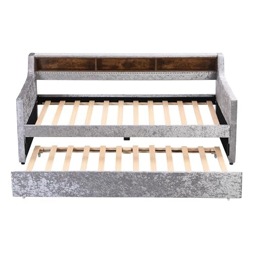 Lostcat Twin Size Daybed with Trundle, Upholstered Day Bed with Built-in Storage Shelves,Snowflake Velvet Sofa Bed for Bedroom,Living Room, No Spring Box Needed, Gray - Lostcat