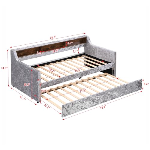 Lostcat Twin Size Daybed with Trundle, Upholstered Day Bed with Built-in Storage Shelves,Snowflake Velvet Sofa Bed for Bedroom,Living Room, No Spring Box Needed, Gray - Lostcat