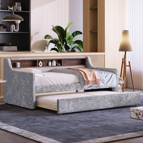 Lostcat Twin Size Daybed with Trundle, Upholstered Day Bed with Built-in Storage Shelves,Snowflake Velvet Sofa Bed for Bedroom,Living Room, No Spring Box Needed, Gray - Lostcat