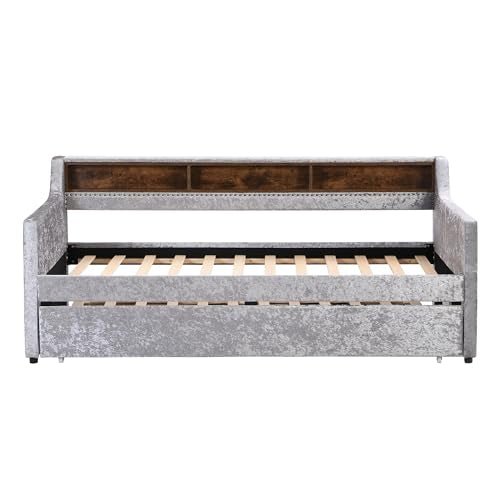 Lostcat Twin Size Daybed with Trundle, Upholstered Day Bed with Built-in Storage Shelves,Snowflake Velvet Sofa Bed for Bedroom,Living Room, No Spring Box Needed, Gray - Lostcat