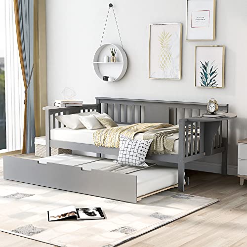 Lostcat Twin Size Daybed with Trundle,Twin Wood Daybed Bed Frame,Wood Storage DayBed Sofa Bed Frame,Solid Wood Daybed Twin Size Sofa Bed Frame with Wood Slat Support for Bedroom, Dorm, Guest Room,Grey - Lostcat