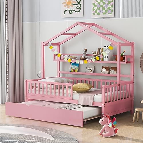 Lostcat Twin Size House Bed with Trundle and Storage Shelves, Wood Playhouse Bed Frame w/Roof Design, Montessori Bed for Kids Teens Girls & Boys, No Box Spring Required, Pink - Lostcat