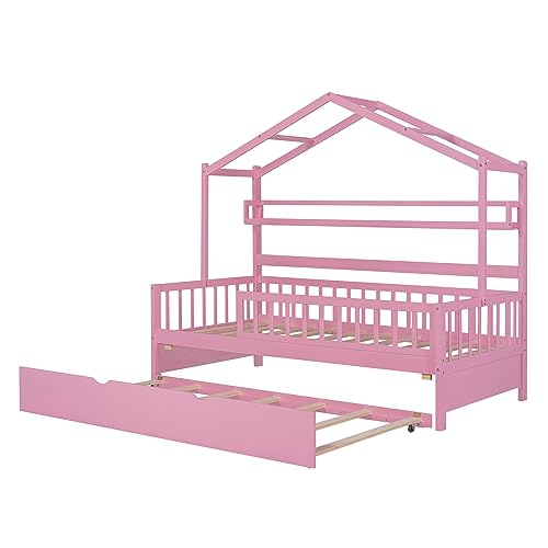 Lostcat Twin Size House Bed with Trundle and Storage Shelves, Wood Playhouse Bed Frame w/Roof Design, Montessori Bed for Kids Teens Girls & Boys, No Box Spring Required, Pink - Lostcat
