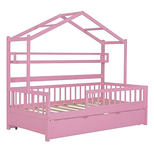 Lostcat Twin Size House Bed with Trundle and Storage Shelves, Wood Playhouse Bed Frame w/Roof Design, Montessori Bed for Kids Teens Girls & Boys, No Box Spring Required, Pink - Lostcat
