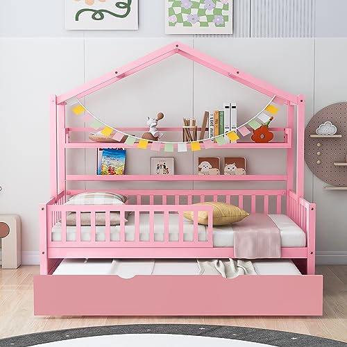 Lostcat Twin Size House Bed with Trundle and Storage Shelves, Wood Playhouse Bed Frame w/Roof Design, Montessori Bed for Kids Teens Girls & Boys, No Box Spring Required, Pink - Lostcat