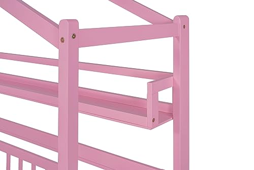 Lostcat Twin Size House Bed with Trundle and Storage Shelves, Wood Playhouse Bed Frame w/Roof Design, Montessori Bed for Kids Teens Girls & Boys, No Box Spring Required, Pink - Lostcat