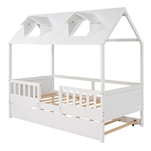 Lostcat Twin Size House Bed with Trundle, Solid Pine Wood Twin Bed Frame with Roof Design, House Bed Frame with Trundle Bed Twin Kids Bed Frame for Kids, Girls and Boys, No Box Spring Need, White - Lostcat