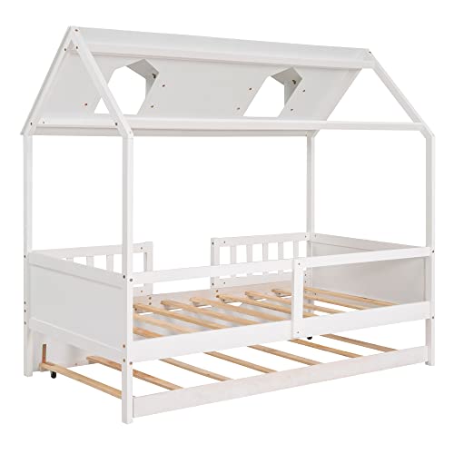 Lostcat Twin Size House Bed with Trundle, Solid Pine Wood Twin Bed Frame with Roof Design, House Bed Frame with Trundle Bed Twin Kids Bed Frame for Kids, Girls and Boys, No Box Spring Need, White - Lostcat