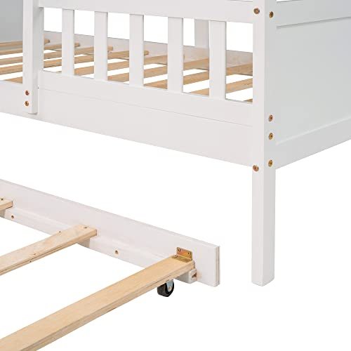 Lostcat Twin Size House Bed with Trundle, Solid Pine Wood Twin Bed Frame with Roof Design, House Bed Frame with Trundle Bed Twin Kids Bed Frame for Kids, Girls and Boys, No Box Spring Need, White - Lostcat